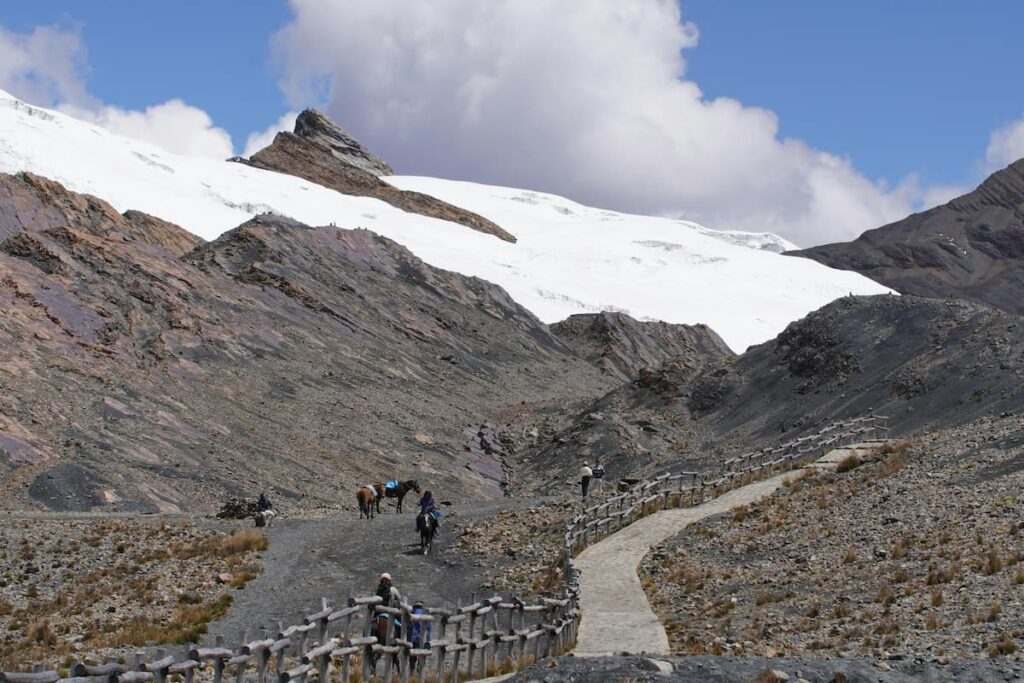 Caballos utilizados por turistas en el sendero de subida al Nevado Pastoruri, en la Cordillera Blanca, Perú